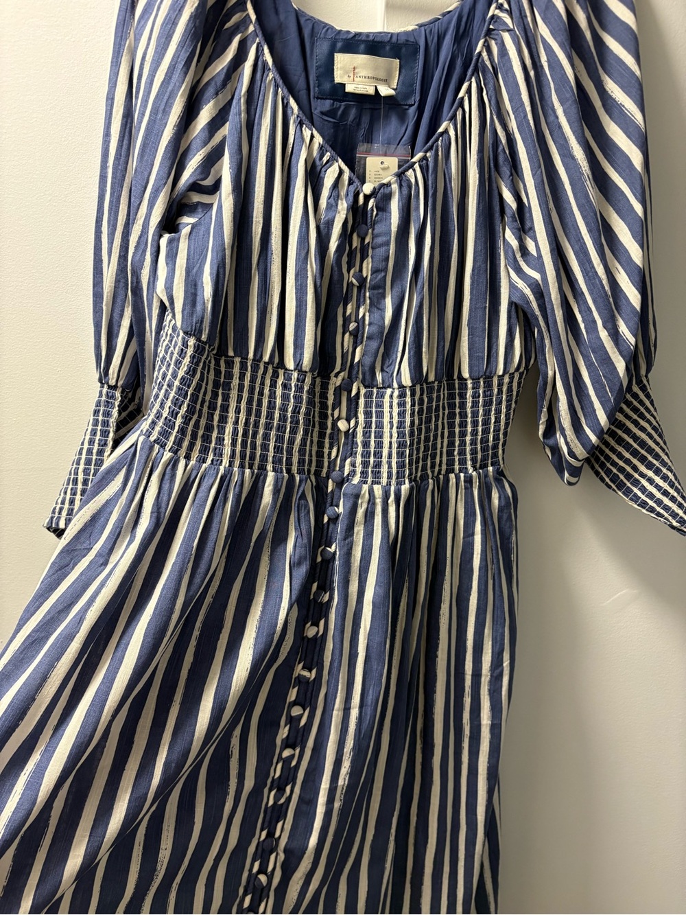Anthropologie 1X Striped Long-Sleeve Sweetheart Button Front Peasant Dress NWT - Picture 5 of 12
